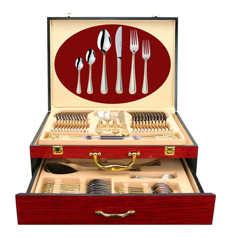 75-Pc Luxury Flatware Set for 12 w/ Storage Case 24K Gold Premium Dining Cutlery Service - 18/10 Surgical Stainless Steel Silverware Hostess Serving