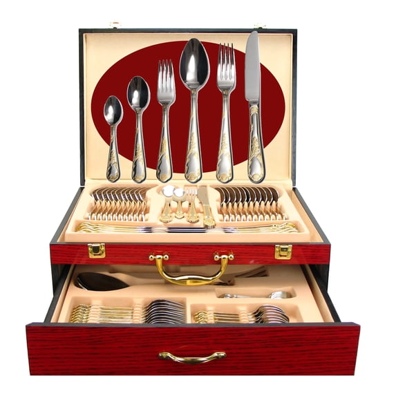 75-Pc Luxury Flatware Set for 12 w/ Storage Case 24K Gold Premium Dining Cutlery Service - 18/10 Surgical Stainless Steel Silverware Hostess Serving Set in a Chest