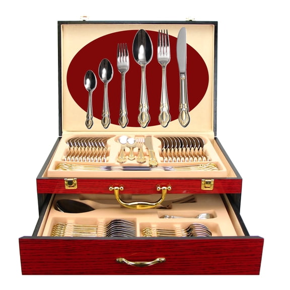 75-Pc Luxury Flatware Set for 12 w/Storage Case 24K Gold Premium Dining Cutlery Service - 18/10 Surgical Stainless Steel Silverware Hostess Serving Set in a Chest