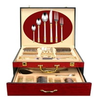 75-Pc Luxury Flatware Set for 12 w/ Storage Case 24K Gold Premium Dining Cutlery Service - 18/10 Surgical Stainless Steel Silverware Hostess Serving Set in a Chest