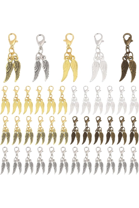 75 Pcs 5 Colors Angel Wings Pendants Angel Wings Clip On Charms with Lobster Clasps for Necklace Bracelet Earring Jewelry Making Keychain DIY Craft colorful