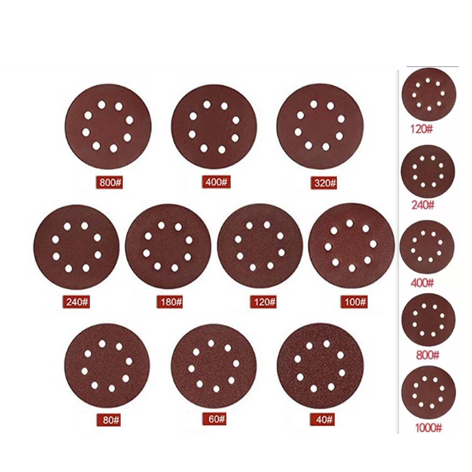 75 Pcs 5 Inch 8 Hole Sandpaper 1mm Thick 120 240 400 800 1000 Grit