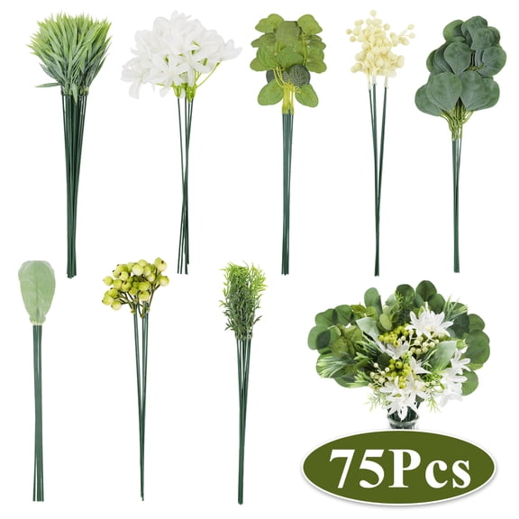 75 Pcs Artificial Greenery Stems Box Set, 8 Kinds Faux Plants and Fake Flowers for DIY Bridal Bouquets, Wedding Floral Arrangements, Table Centerpieces Decor