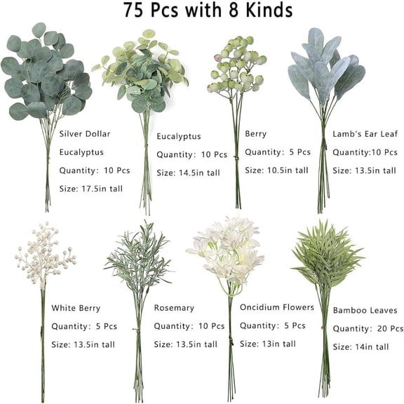 75 Pcs Artificial Greenery Stems Box Set,with 8 Kinds of Faux Plants and Fake Flowers for DIY Bridal Bouquets Wedding Floral Arrangement Table Centerpieces Decoration (Sage Green)
