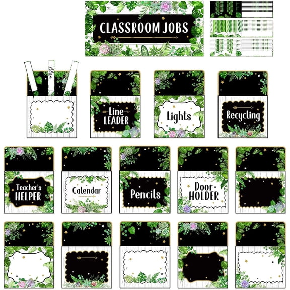 75 Pcs Classroom Jobs Cards Teacher's Helpers Bulletin Board Set Class Jobs Pocket Chart with Chalkboard Brights Name Tags for Preschool Elementary Back to School Decor(Plant)