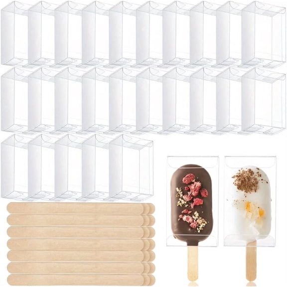 75 Pcs Clear Ice Cream Lolly Cakesicle Boxes Set, 25 Clear PET Boxes and 50 Wooden Sticks, Plastic Cake Candy Treat Containers for DIY Baking, Wedding, Birthday Party Favors