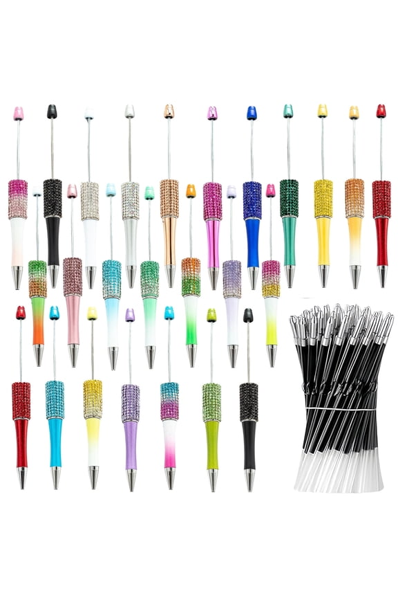 75 Pcs Diy Diamond Beadable Pen Kit - 25 Plastic Rhinestone Beaded Pens Bulk with Refills & Bags for Craft & Decoration