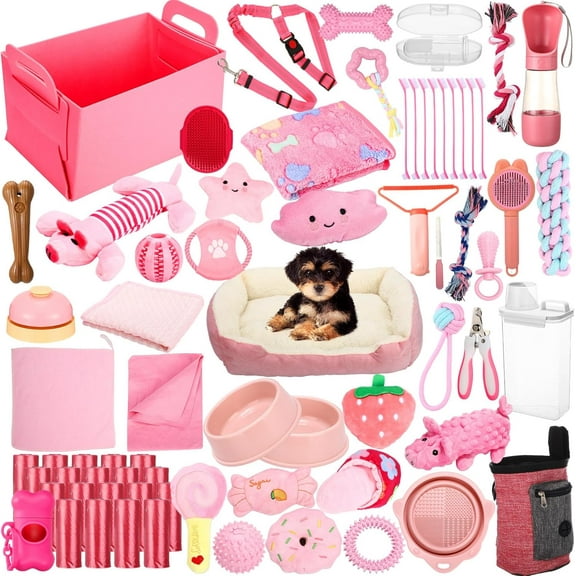 75 Pcs Puppy Supplies Starter Kit for Small Dogs New Puppy Essentials Starter Kit Pink for School Dog Toys Includes Dog Leash, Bowl, Brushes, Water Bottles, Christmas Welcome Home Gift
