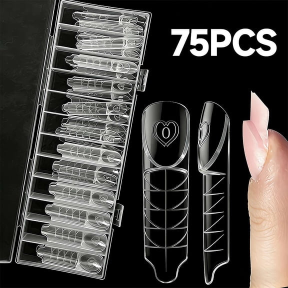 75 Pcs/Set 3D French Dual Nail Forms, 15 Sizes Reusable Acrylic Nail Extension Molds, Clear Plastic Gel Nail Tips with Guide Lines for Salon DIY Manicure
