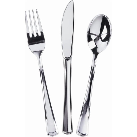 75 Pcs Silver Disposable Plastic Cutlery Set, 7.4In Forks 6.9In Spoons 7.9In Knives Heavy Duty Utensils for Parties