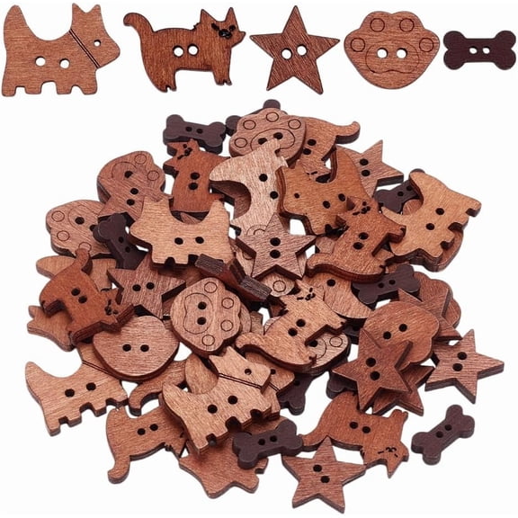 75 Pcs Wooden Sewing Buttons 5 Styles 2-Hole Wooden Buttons Sta Paw Print Cat Skull Dog Shape Sewing Buttons Unfinished Wood Decorative Buttons