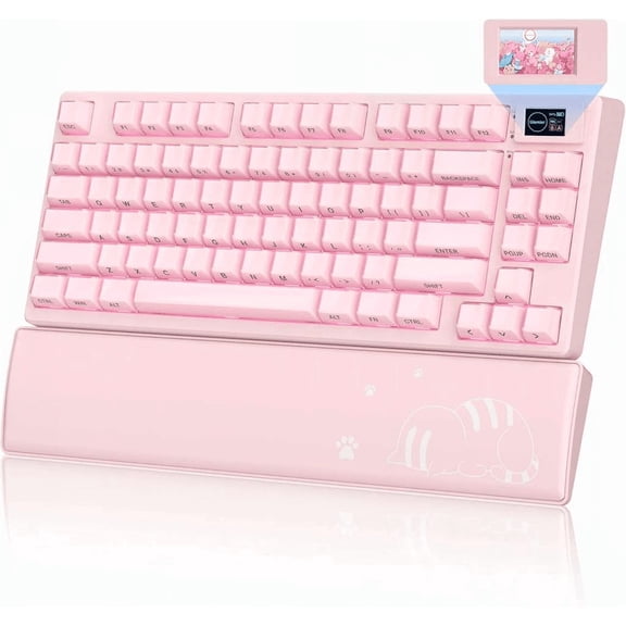 75 Percent Wireless Mechanical Gaming Keyboard with Color Multimedia Screen and Wrist Rest Pink