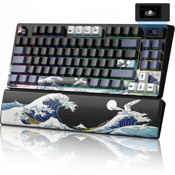 75 Percent Wireless Mechanical Keyboard with Color Multimedia Screen and Kanagawa Theme, Hot Swappable RGB, Gasket Mount, with Wrist Rest, Anime Black