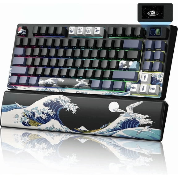 75 Percent Wireless Mechanical Keyboard with Color Multimedia Screen Kanagawa Theme Hot Swappable Keys Wrist Rest Gasket RGB Mac Win Anime Black