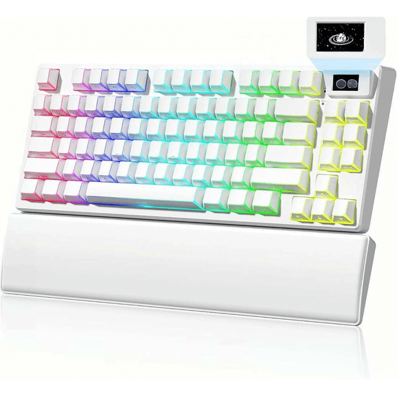 75 Percent Wireless Mechanical Keyboard with Color Multimedia Screen and Wrist Rest White Shine Through Manga Design
