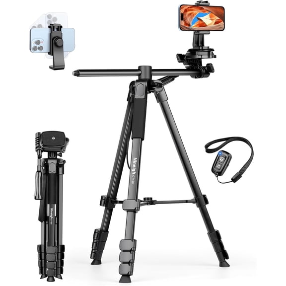 75" Phone Tripod Stand, Overhead for iPhone with Remote, Portable Horizontal Mount Video, Live Streaming & Vlogging, Compatible Camera