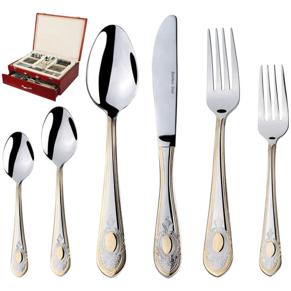 75-Piece Gold Flatware Set Dining Service for 12 - Premium 18/10 Stainless Steel - 24K Gold Plated Trim - Silverware Serving Set Lightweight - Wood Flatware Box - Dishwasher Safe (Medalion)