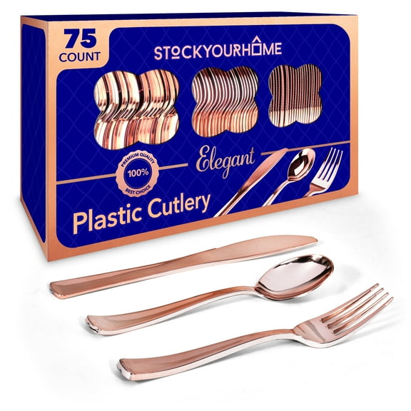 75-Pcs Heavy Duty (Rose Gold) Plastic Silverware Set, Disposable Cutlery Set, Great for Parties, Weddings, and Catering, Flatware Utensils Included: 25 Forks, 25 Spoons, 25 Knives, Packaging May Vary