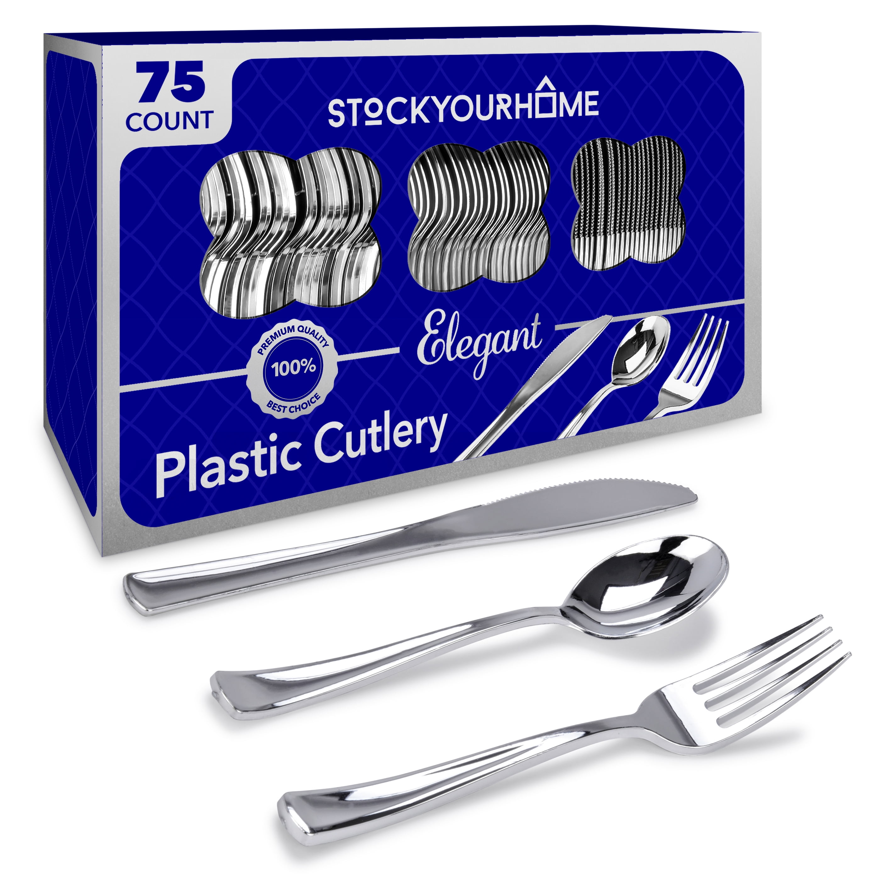 75 Pieces Heavy Duty (Silver) Plastic Silverware Set, Disposable Cutlery Set, Great for Parties ...
