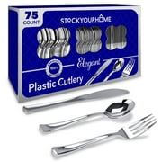 75 Pieces Heavy Duty (Silver) Plastic Silverware Set, Disposable Cutlery Set, Great for Parties, Weddings, and Catering, Flatware Utensils Included: 25 Forks, 25 Spoons, 25 Knives, Stock Your Home