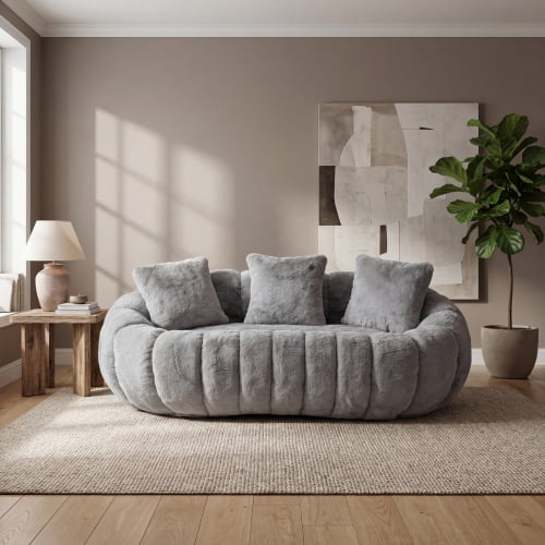 75" Plush Faux Fur Deep Seat Sofa Bed, Compressed Pull-Out Sofa Bed with Pre-Filled Foam, Luxury Pull-Out Sofa Bed with Petal Contour for Living Spaces, Gray