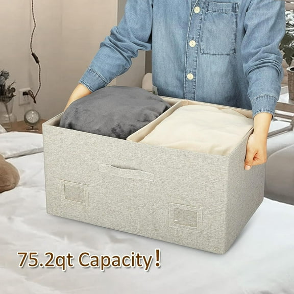 75 Quarts Extra Large Decorative Storage Bins with Lids, 3 Packs Beige Collapsible Storage Bins with Lids, Stackable Storage Bins Decorative Box Storage With Lid Extra Large