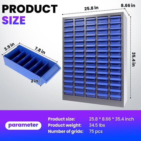 75Slot Hardware Storage Cabinet 25.8" x 35.4" x 8.66", Steel Frame with Labeled Drawers & Dividers, for Small Parts Organizer in Workshop, Lab, Office