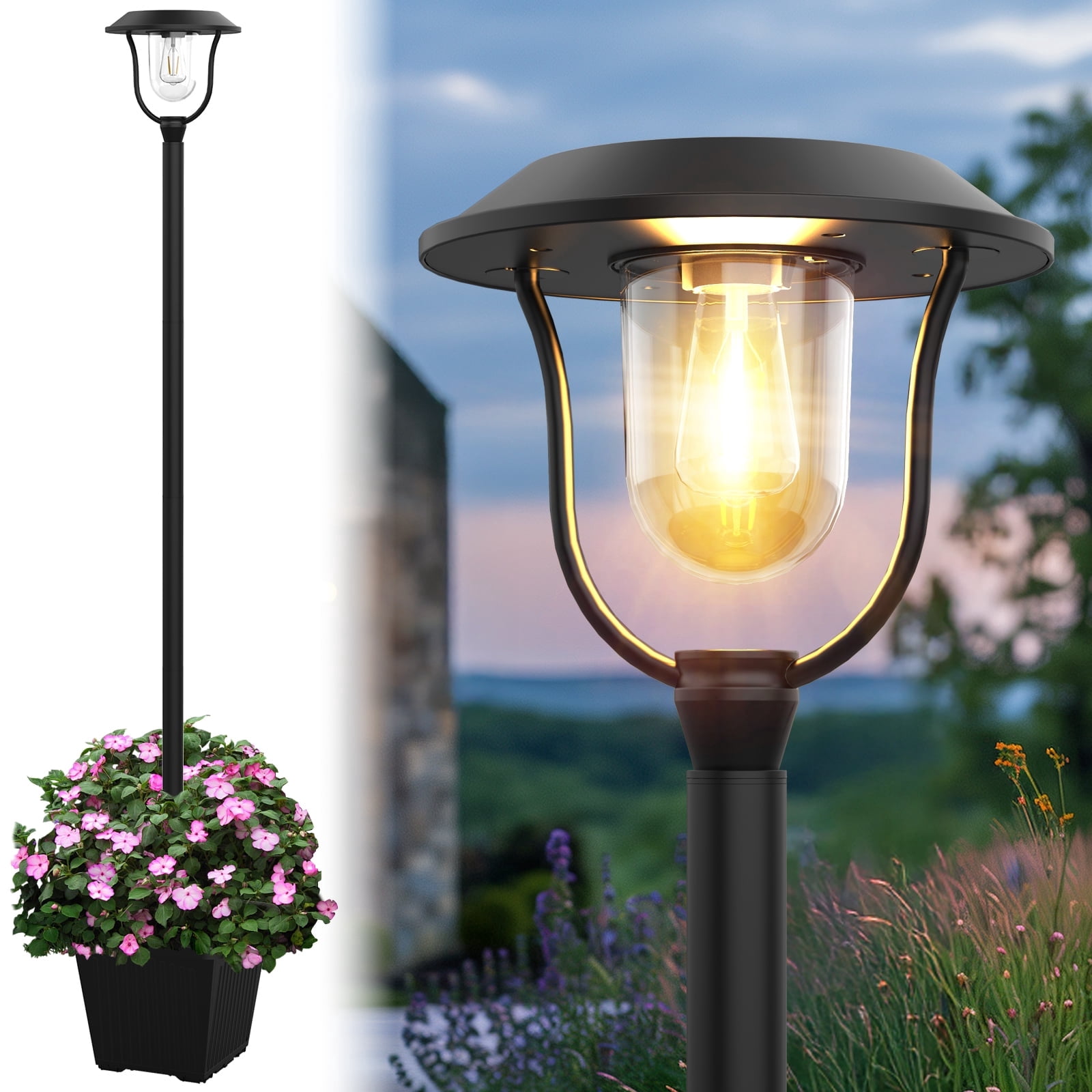 75" Solar Lamp Post Light with Planter Base, Aluminum Waterproof Outdoor Street Light, 100 Lumens, Warm White
