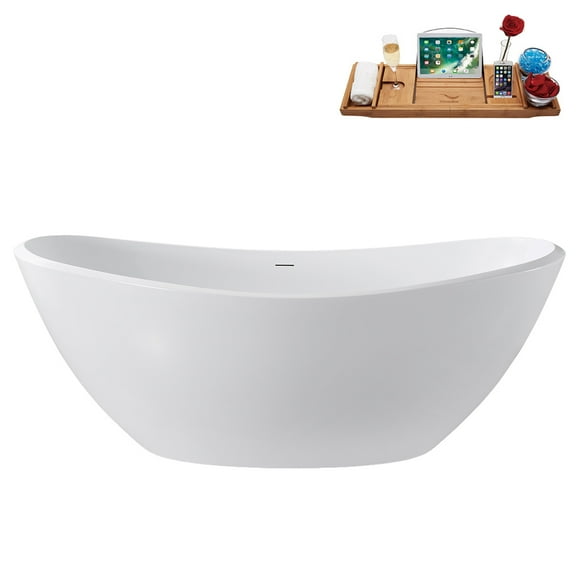 75" Streamline G-95-357-BL Soaking Glossy White Freestanding Tub and Tray With Internal Drain in Matte Black