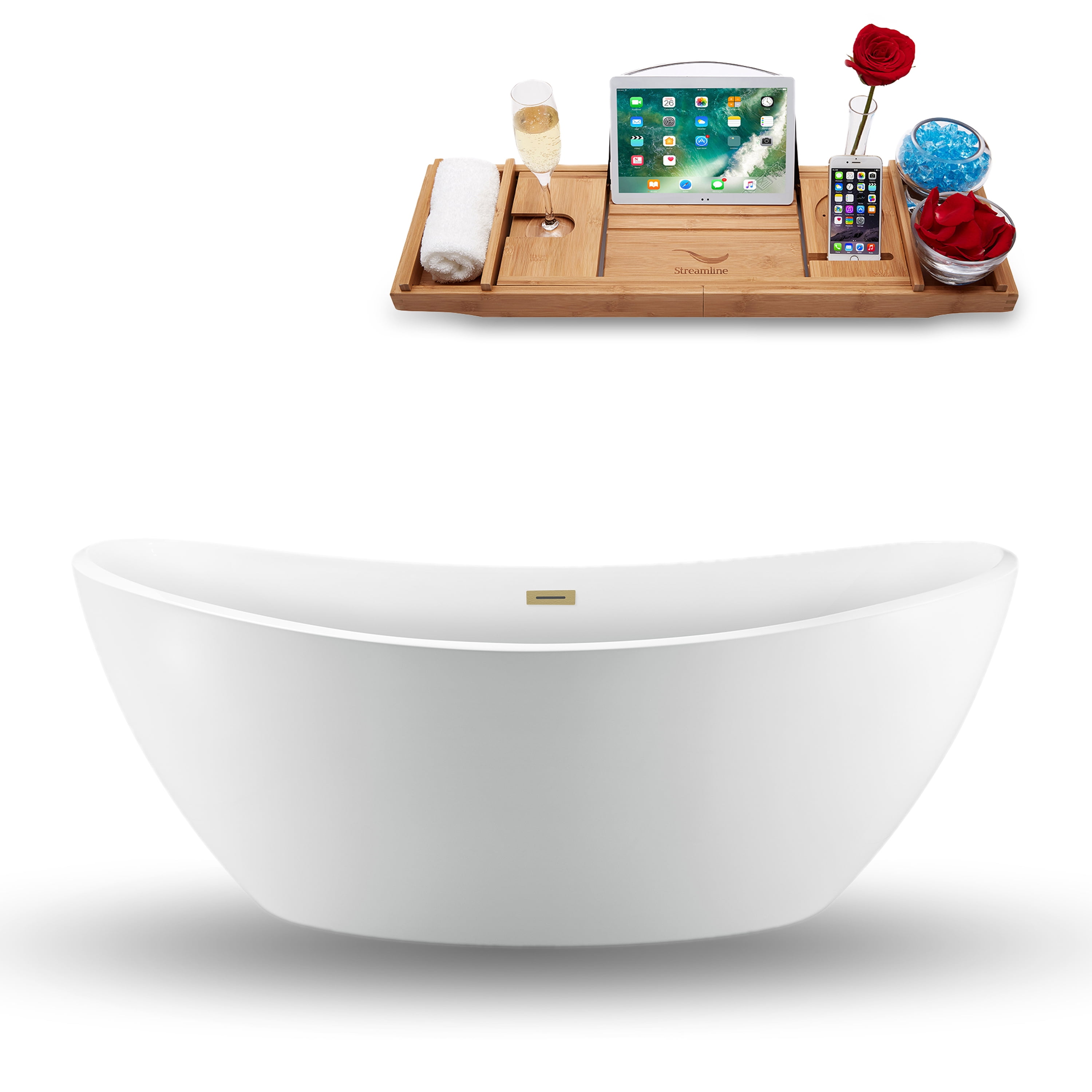 75" Glossy White Acrylic Freestanding Soaking Bathtub with Brushed Brass Drain