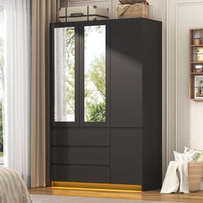 75" Tall 3 Doors Armoire Wardrobe Closet with 3 Drawers and Mirror, Large Wardrobe Closet for Bedroom with LED Lights, Wooden Armoire Storage Cabinet with Hanging Rod, Adjustable shelves (Black)
