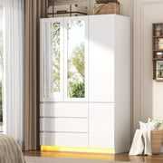 75" Tall 3 Doors Armoire Wardrobe Closet with  3 Drawers and Mirror, Large Wardrobe Closet for Bedroom with LED Lights, Wooden Armoire Storage Cabinet with Hang