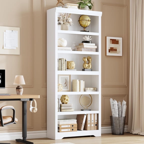 75" Tall 31.5"W Farmhouse 6-Tier Open Bookcase, Wooden Display Storage Rack with Adjustable Shelves & Anti-Slip Base for Library Balcony Study Home Office