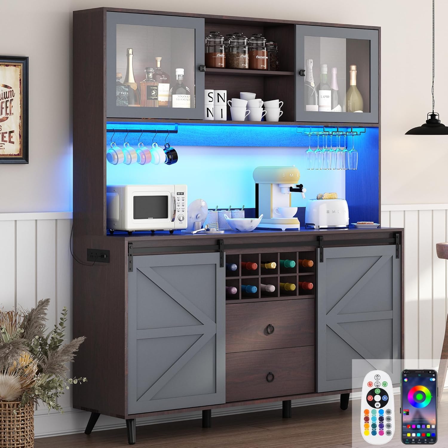 75" Tall 63" Wide Large Coffee Bar w/ Outlet,6000color LED