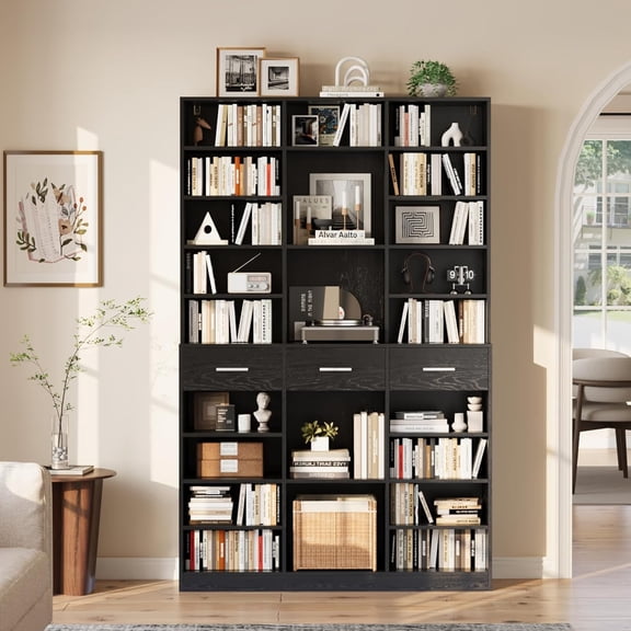75" Tall 9-Tier Bookcase with Drawers, 47" Wide Farmhouse Storage Cabinet, Adjustable Shelves(Black)