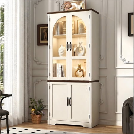 Arched Display Cabinet with RGB LED Lights, 75" Tall Curio Cabinet with Glass Doors and Adjustable Shelves, Modern Bookshelf Storage Cabinet for Living Room, Home Office, Cream White