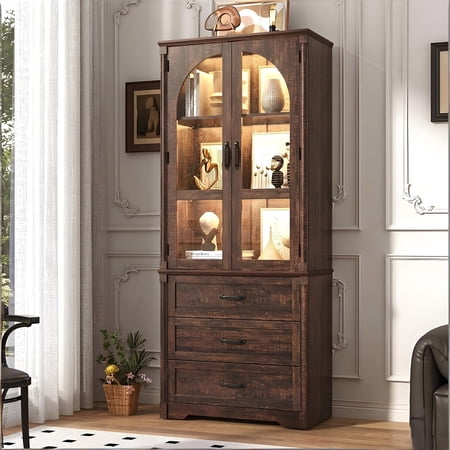 Arched Display Cabinet with 3 Drawers, 75" Tall Curio Cabinet with Glass Doors and RGB LED Lights, Modern Bookshelf Storage Cabinet for Home Office & Studyroom