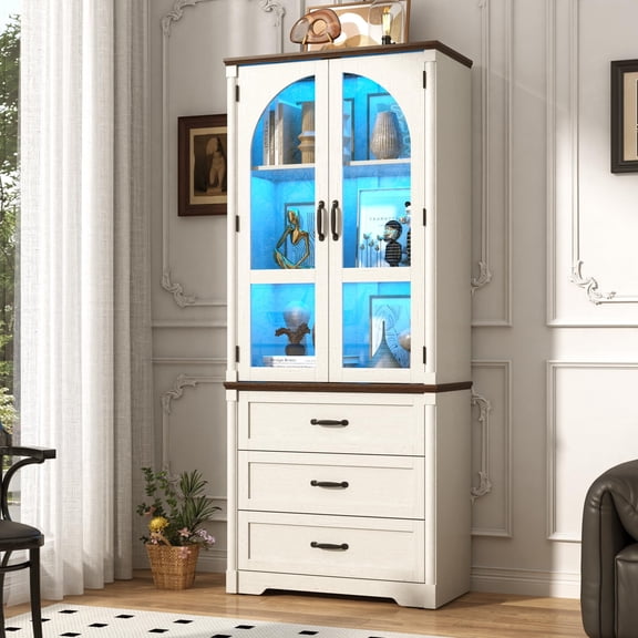 Arched Display Cabinet with 3 Drawers, 75" Tall Curio Cabinet with Glass Doors and RGB LED Lights, Modern Bookshelf Storage Cabinet for Home Office & Studyroom