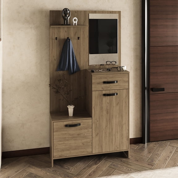 75" Tall Hall Tree, with Mirrors, Two Cabinets, One Drawer and Wall Anchor - Provides Stable Storage in Living Areas