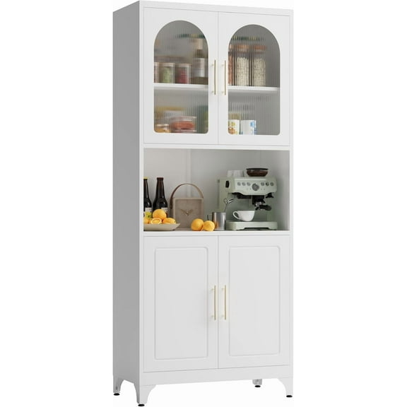 75" Tall Kitchen Pantry Cabinet, Metal Storage Cabinets with Acrylic Doors and Adjustable Shelves, Hutch Cabinet with Storage, White Microwave Stand Cabinets for Dining Living Room