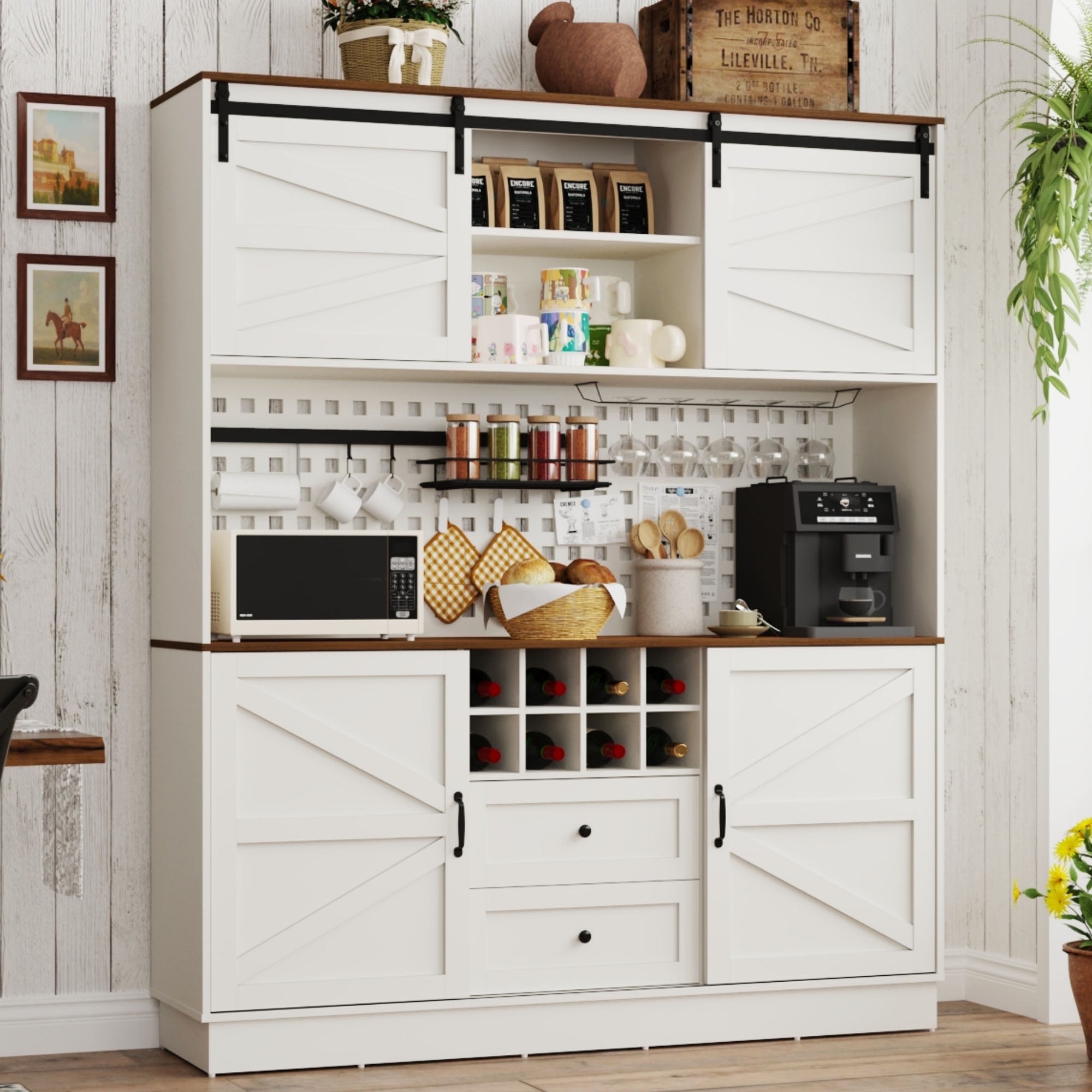 Walmart promo code:  Chvans Farmhouse Coffee Bar Cabinet with Hutch, Wine Rack, Pegboard, 75" Tall Kitchen Storage Buffet Cabinet with Power Outlet & 4 Sliding Barn Doors for Kitchen Dining Room,White