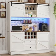 63"W 75"H Farmhouse Coffee Bar Cabinet with Hutch, Large Buffet Sideboard with Sliding Barn Doors, Kitchen Pantry Cabinet with LED Lights, Charging Station for Dining Room