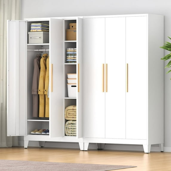 75" Tall Metal Armoire Wardrobe Closet with 3 Doors, Adjustable Hanging Rod and 5 Adjustable Shelves, Freestanding Storage Cabinet Organizer for Bedroom, Office, Laundry Room,White