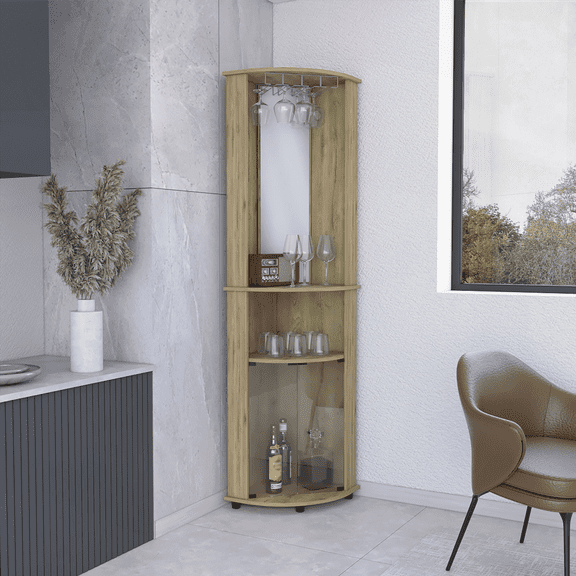75'' Tall Mirrored Corner Bar Cabinet with Glass Doors - Macadamia Finish, Stemware Rack & Open Shelves