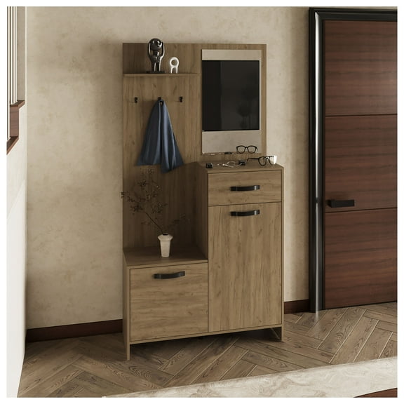 75" Tall Mirrored Tree Hall with Hangers, Three Shelves, Two Cabinets, One Drawer, Entry way, Console Table, Living Room Light Oak Oak + Primary Living Space + Modern + MDF