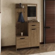 75 Tall Mirrored Tree Hall With Two Cabinets, Three Shelves, One Drawer, Hangers, Console For Entry In Oak Living Space