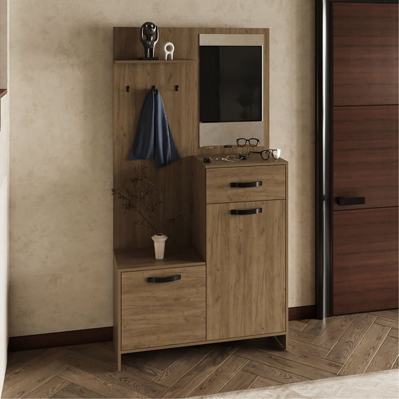 75" Tall Mirrored Tree Hall With Two Cabinets, Three Shelves, One Drawer, Hangers, Console For Entry In Oak Living Space