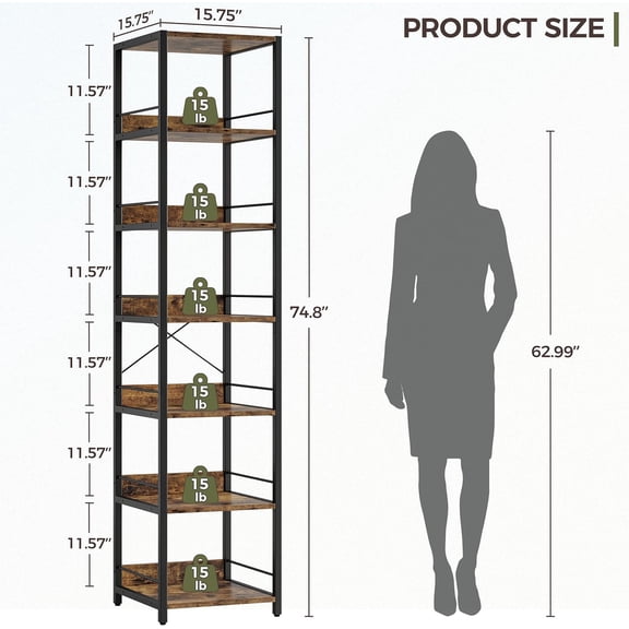 75 Tall Narrow Book Shelf 6-Tier Open Corner Storage Rack Industrial Metal Frame for Living Room Office Dorm Rustic Brown