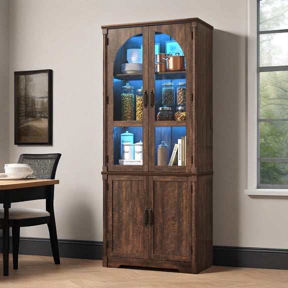 75" Tall Pantry Cabinet with 2 Arch Glass Doors & LED Lights, Farmhouse Kitchen Storage Cupboard Display Cabinet Bookcase with Adjustable Shelves for Home Office