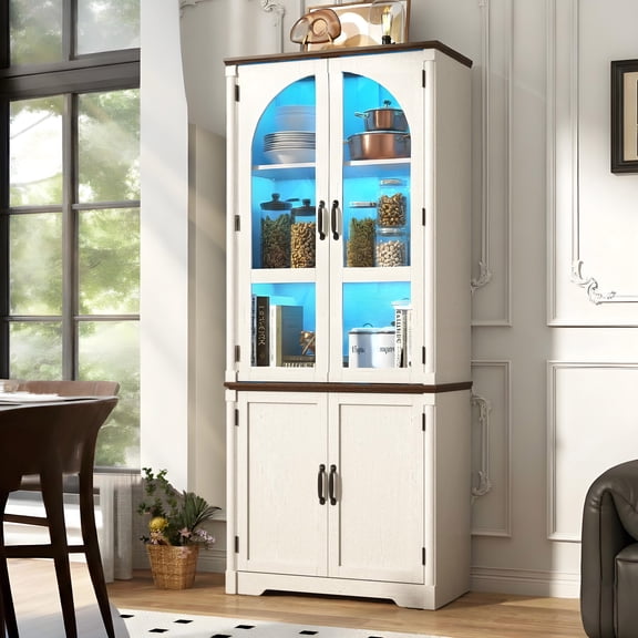 75" Tall Pantry Cabinet with 2 Arch Glass Doors & LED Lights, Farmhouse Kitchen Storage Cupboard Display Cabinet Bookcase with Adjustable Shelves for Home Office